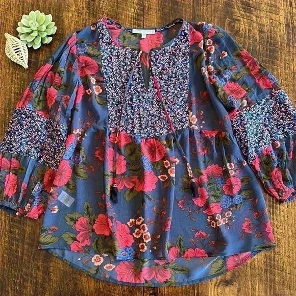 Daniel Rainn | Boho Floral Peasant Blouse, Mixed Materials with Tassels - Picture 3 of 8